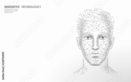 Low poly male human face biometric identification. Recognition system concept. Personal data secure access scanning innovation technology. 3D polygonal rendering vector illustration