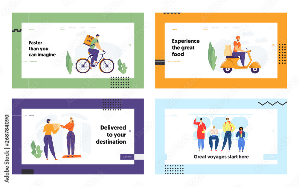 Delivery Man Riding Scooter with Package Landing Page. Fast Delivery Shipping Service Concept with Character on Motorbike. Passengers in Underground Tube. Vector flat cartoon illustration Delivery Man Riding Scooter with Package Landing Page. Fast Delivery Shipping Service Concept with Character on Motorbike. Passengers in Underground Tube. Vector flat cartoon illustration