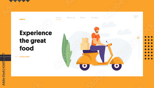 Delivery Man Riding Scooter with Package Landing Page. Fast Delivery Shipping Service Concept with Male Character on Motorbike Website Banner. Vector flat cartoon illustration