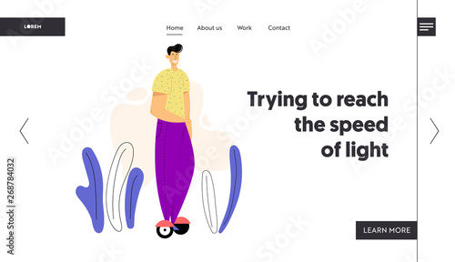 Male Character on Hoverboard Landing Page. Young Man Riding Gyro Scooter. Alternative Urban Transportation Concept. Self Balancing Electric Scooter Website Banner. Vector flat illustration