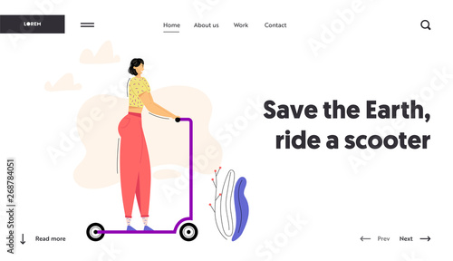 Young Woman Riding Kick Scooter Website Banner. Female Character Rides Push Scooter. Happy Girl on Outdoor Activity. Urban Eco Transport Concept Landing Page. Vector flat illustration