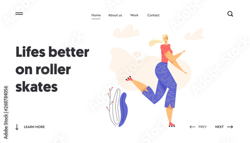 Rollerblading Female Character Landing Page. Happy Young Woman on Roller Skates. Pretty Girl on Outdoor Leisure Activity Banner Website. Vector flat cartoon illustration