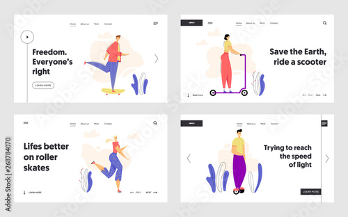 Active Characters on Urban Transport Landing Page Set. Man Riding Skateboard. Outdoor Sport Leisure Roller Skating Concept with Woman. Guy on Hoverboard Web Banner. Vector flat cartoon illustration