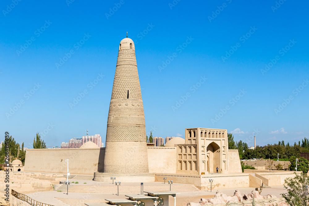 Emin minaret, or Sugong tower, in Turpan, is the largest ancient Islamic tower in Xinjiang, China. Built in 1777, its grey bricks form 15 different patterns such as waves, flowers or rhombuses