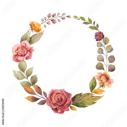 Watercolor vector autumn wreath with red rose and leaves isolated on white background.