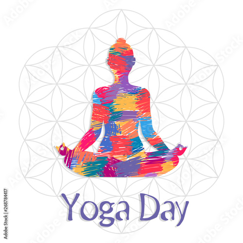 Yoga Day card of abstract art woman in lotus pose