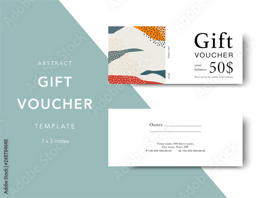 Gift voucher card template. Modern discount coupon for shopping with abstract pattern. Modern fashion background design with information sample text. Coupon template for gift and shopping.