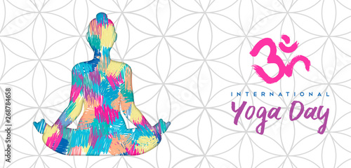 Yoga Day banner of woman in lotus pose