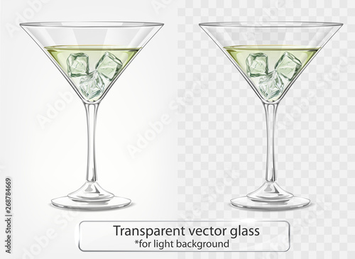 Transparent vector glass with Martini and ice for light background