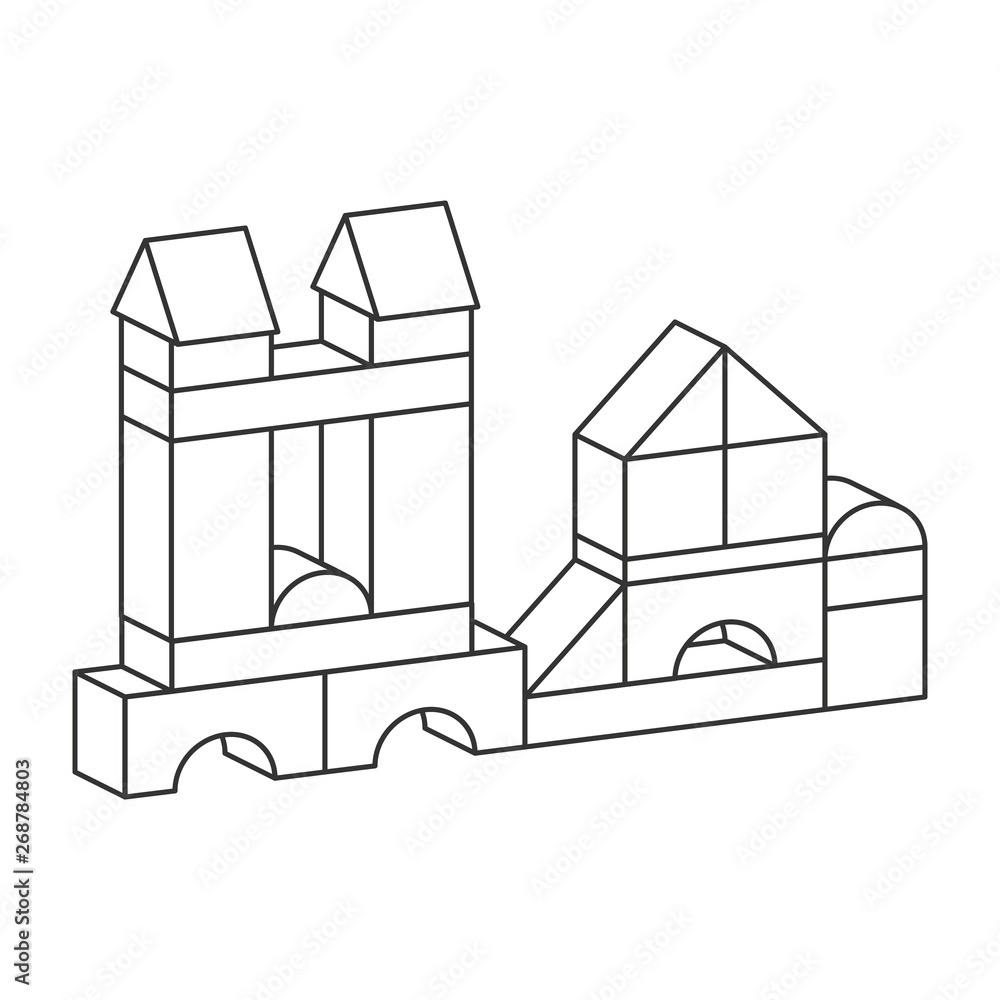 Line style blocks toy tower for coloring book. Bricks childrens