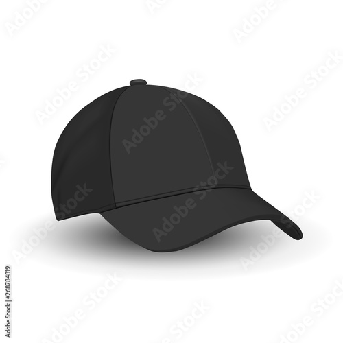 Black Baseball Cap Template. Vector Hat Mockup Isolated on White. Basic Black Blank of Sport Wear Hat. Side View. Tennis Sports Merchandise. Realistic Illustration Design. Modern Fashion Clothes.