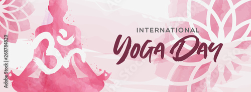Watercolor Yoga Day banner of woman in lotus pose