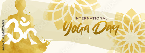 Watercolor Yoga Day banner of woman in lotus pose