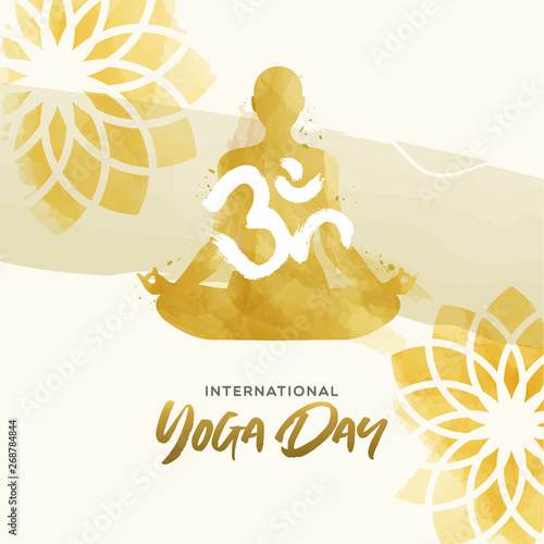Watercolor Yoga Day card of woman in lotus pose
