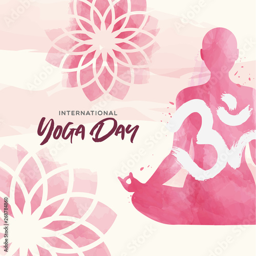 Yoga Day card of pink watercolor woman and flowers