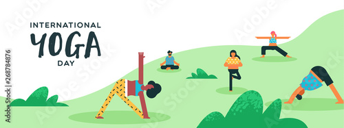 Yoga Day banner of people doing exercise outdoor