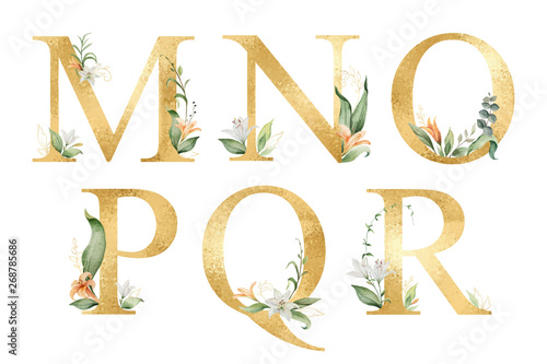Golden vector glitter alphabet with watercolor flowers.