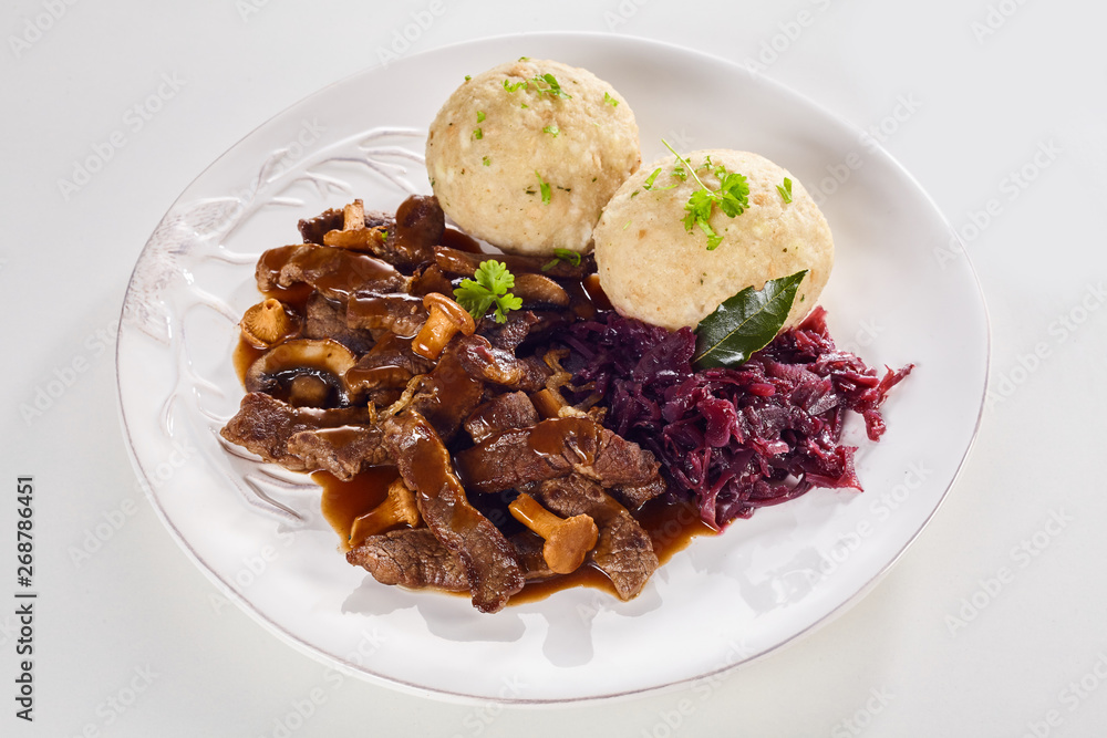 Plate of tasty Swiss ragout with strips of meat Plate of tasty Swiss ragout with strips of meat
