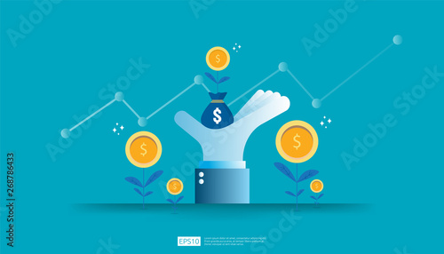 Return on investment ROI, profit opportunity concept. business growth arrows to success. grow dollar coin plant money bag on big investor hand with increase chart graph. business banner illustration.