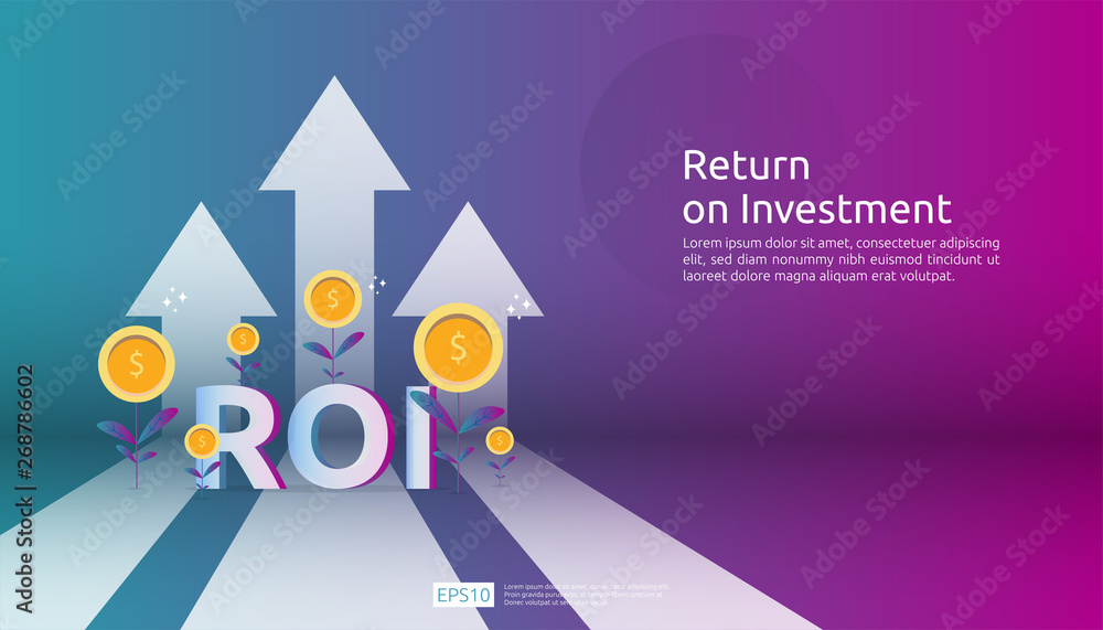 Return on investment, profit opportunity concept. business growth arrows to success. ROI text with success arrow graph chart increase and grow dollar coins plant. business banner vector illustration.