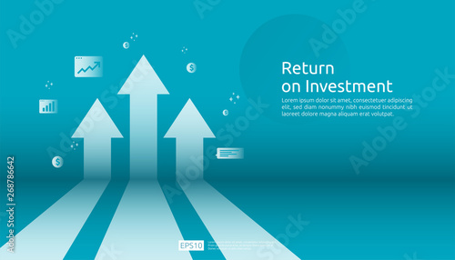 Return on investment ROI, profit opportunity concept. business growth arrows to success. arrow with dollar plant coins, graph and chart increase. business banner flat style vector illustration. photo