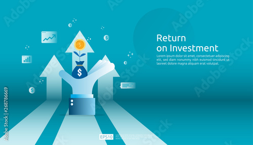 Return on investment ROI, profit opportunity concept. business growth arrows to success. grow dollar coin plant money bag on big investor hand with increase chart graph. business banner illustration.