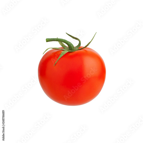 One red ripe tomato with green leaves and stem on white background isolated close up, single beautiful whole tomato, design element for label