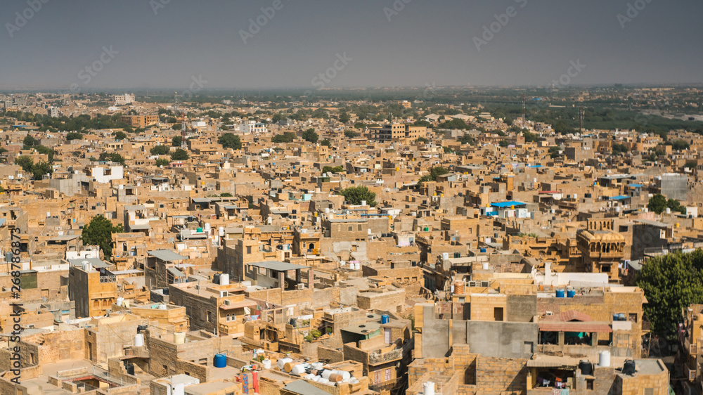 Beautiful panorama skyline view of desert town Jaisalmer, India
