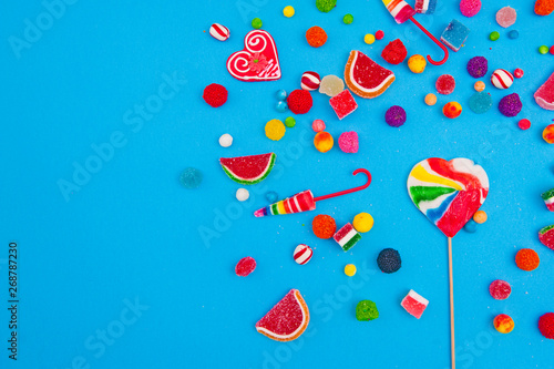 Candy on the blue background. 