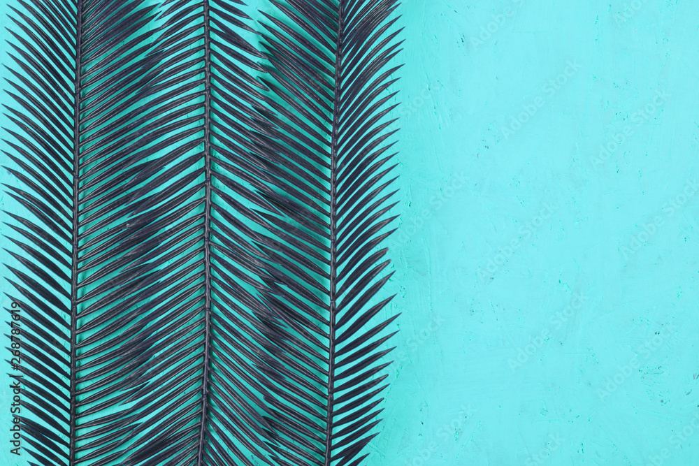 Two palm leaves pattern against teal background Two palm leaves pattern against teal background