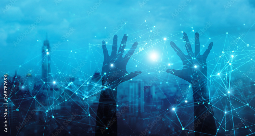 Hands of touching global network connection and data exchanges, internet communication on blue city background.