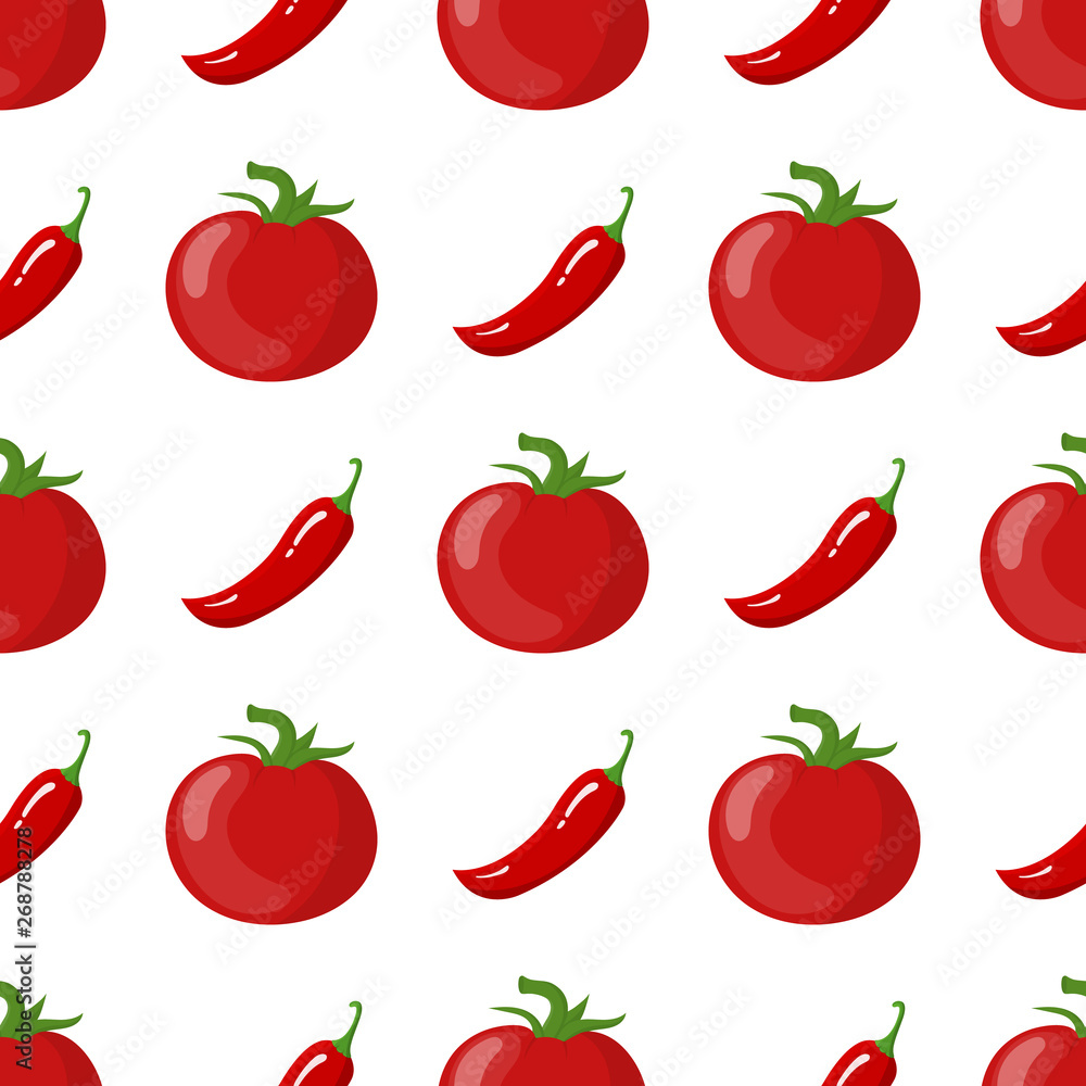 Seamless pattern with fresh tomato and chilli pepper vegetables. Organic food. Cartoon style. Vector illustration for design, web, wrapping paper, fabric, wallpaper. Seamless pattern with fresh tomato and chilli pepper vegetables. Organic food. Cartoon style. Vector illustration for design, web, wrapping paper, fabric, wallpaper.