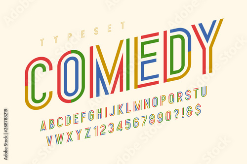 Condensed colorful display font design, alphabet and numbers.