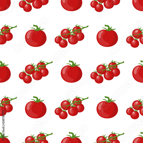 Seamless pattern with fresh tomato and cherry tomato branch vegetables. Organic food. Cartoon style. Vector illustration for design, web, wrapping paper, fabric, wallpaper.