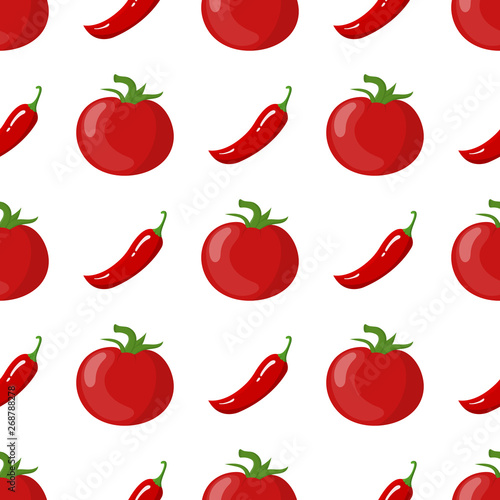 Seamless pattern with fresh tomato and chilli pepper vegetables. Organic food. Cartoon style. Vector illustration for design, web, wrapping paper, fabric, wallpaper.