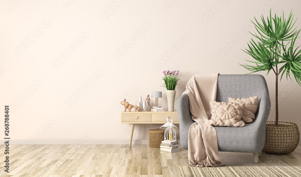 Interior design of modern living room with armchair and cabinet, 3d ...