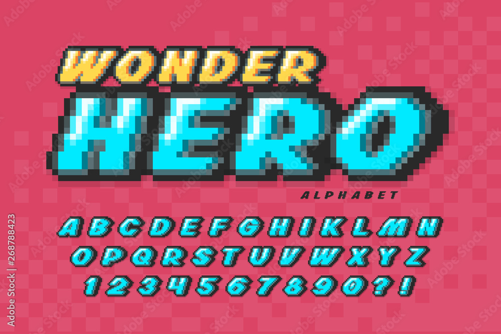 Pixel vector font design, super hero style alphabet.