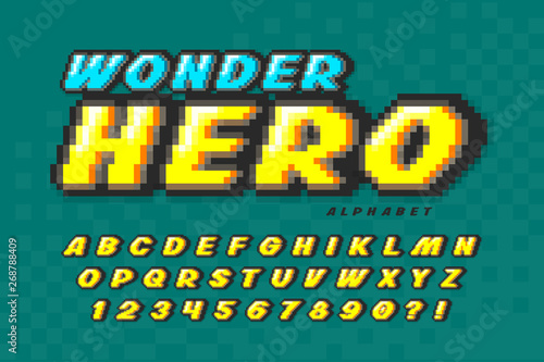 Pixel vector font design, super hero style alphabet.