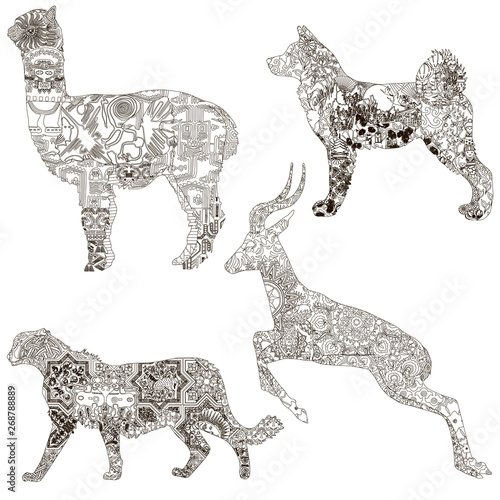 A set of animal symbols of the different countries. Akita - Japan, Asiatic cheetah - Iran, alpaca - Peru, Gairan - Uzbekistan. Decorated with ethnic ornaments.