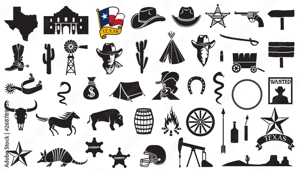 Texas vector icons set (flag, the Battle of the Alamo design, map, spurs,  cowboy head, horse, gun, arrow, cactus, sheriff star, hat, boot, horseshoe,  football helmet, oil pump jack, bull skull) Stock