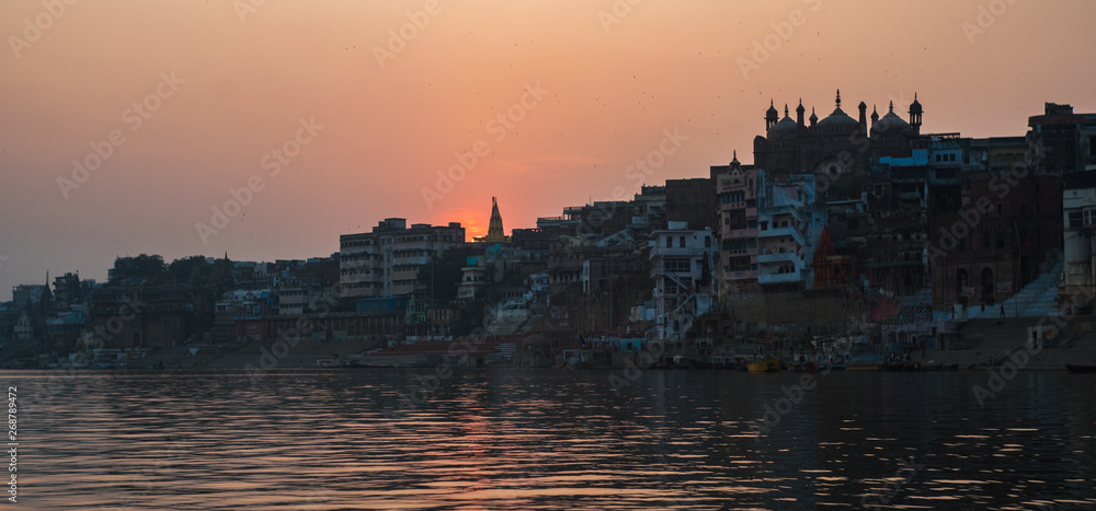 Sunset view of skyline of ghats of Varanasi in India