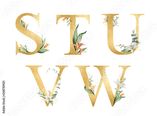 Golden vector glitter alphabet with watercolor flowers.