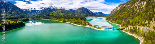 Amazing bridge over accumulation lake Sylvenstein, upper Bavaria. Aerial view. May, Germany