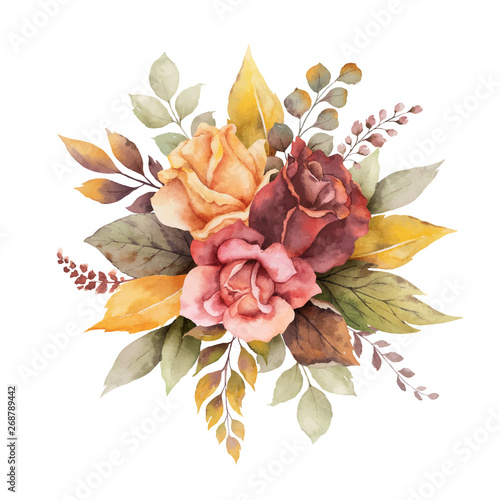 Watercolor vector autumn arrangement with roses and leaves isolated on white background.