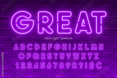 Neon light alphabet, numbers, extra glowing font