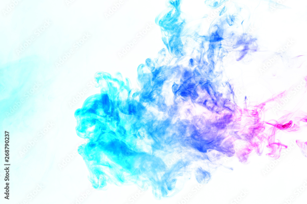 Fototapeta premium Colorful steam exhaled from the vape with a smooth transition of color molecules from turquoise to blue on a white background like a collision of two jets of smoke. Malicious virus and drug injection.
