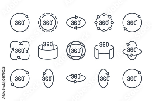 360 degree related line icon set. 360 view linear icons. Panorama view outline vector sign collection.