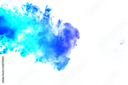 Colorful steam exhaled from the vape with a smooth transition of color molecules from turquoise to blue on a white background like a collision of two jets of smoke. Malicious virus and drug injection.