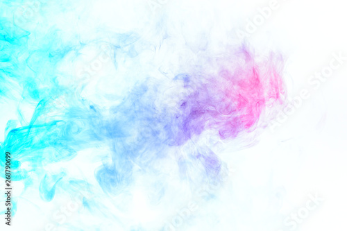 Colorful steam exhaled from the vape with a smooth transition of color molecules from turquoise to blue on a white background like a collision of two jets of smoke. Malicious virus and drug injection. © Aleksandr Kondratov