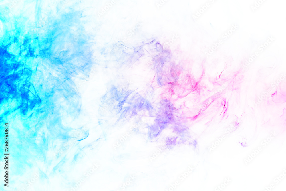 Fototapeta premium Colorful steam exhaled from the vape with a smooth transition of color molecules from turquoise to blue on a white background like a collision of two jets of smoke. Malicious virus and drug injection.